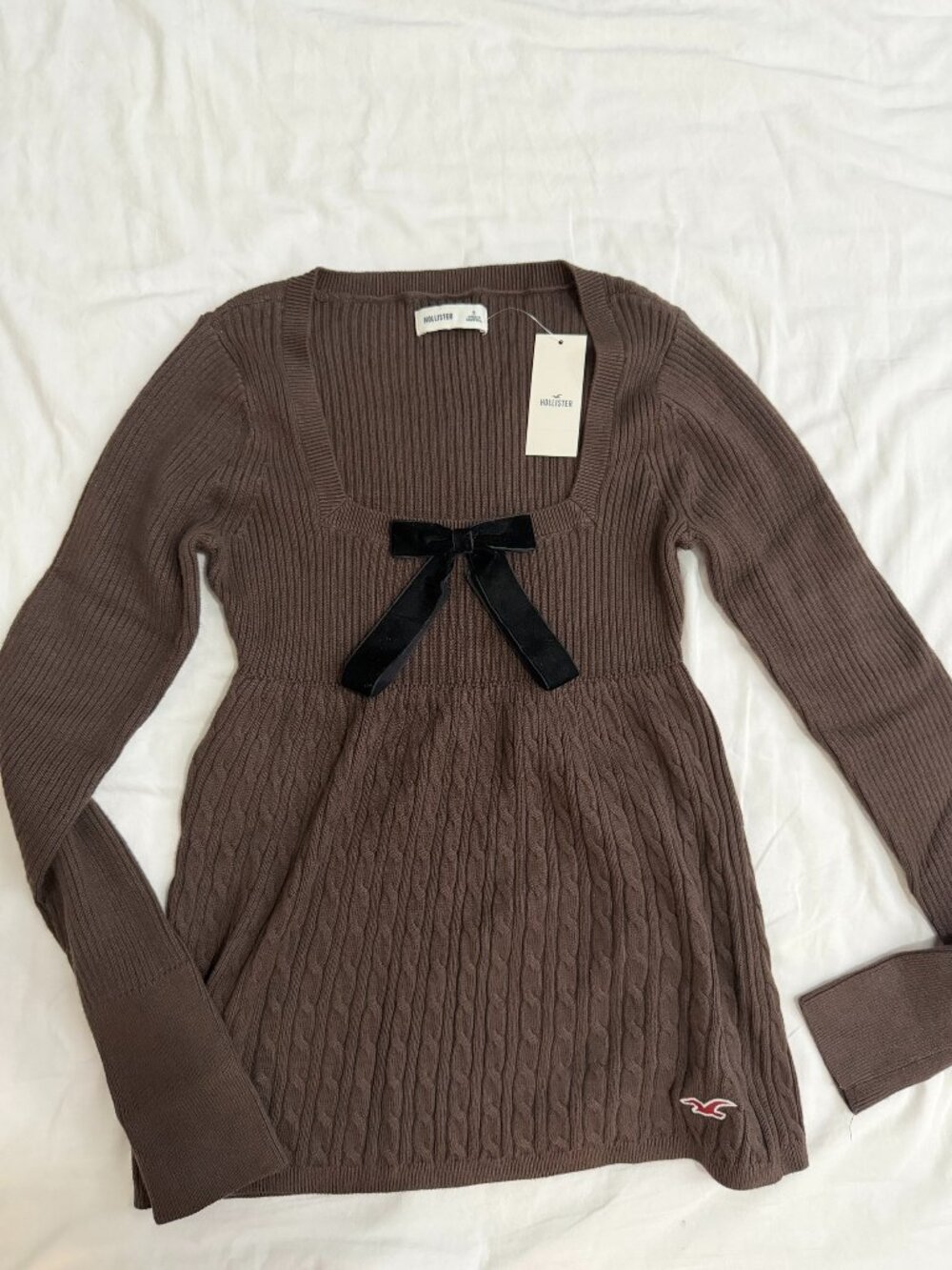 Hollister Brown Babydoll Sweater Black Velvet Bow Cable Knit Coquette S NWT
